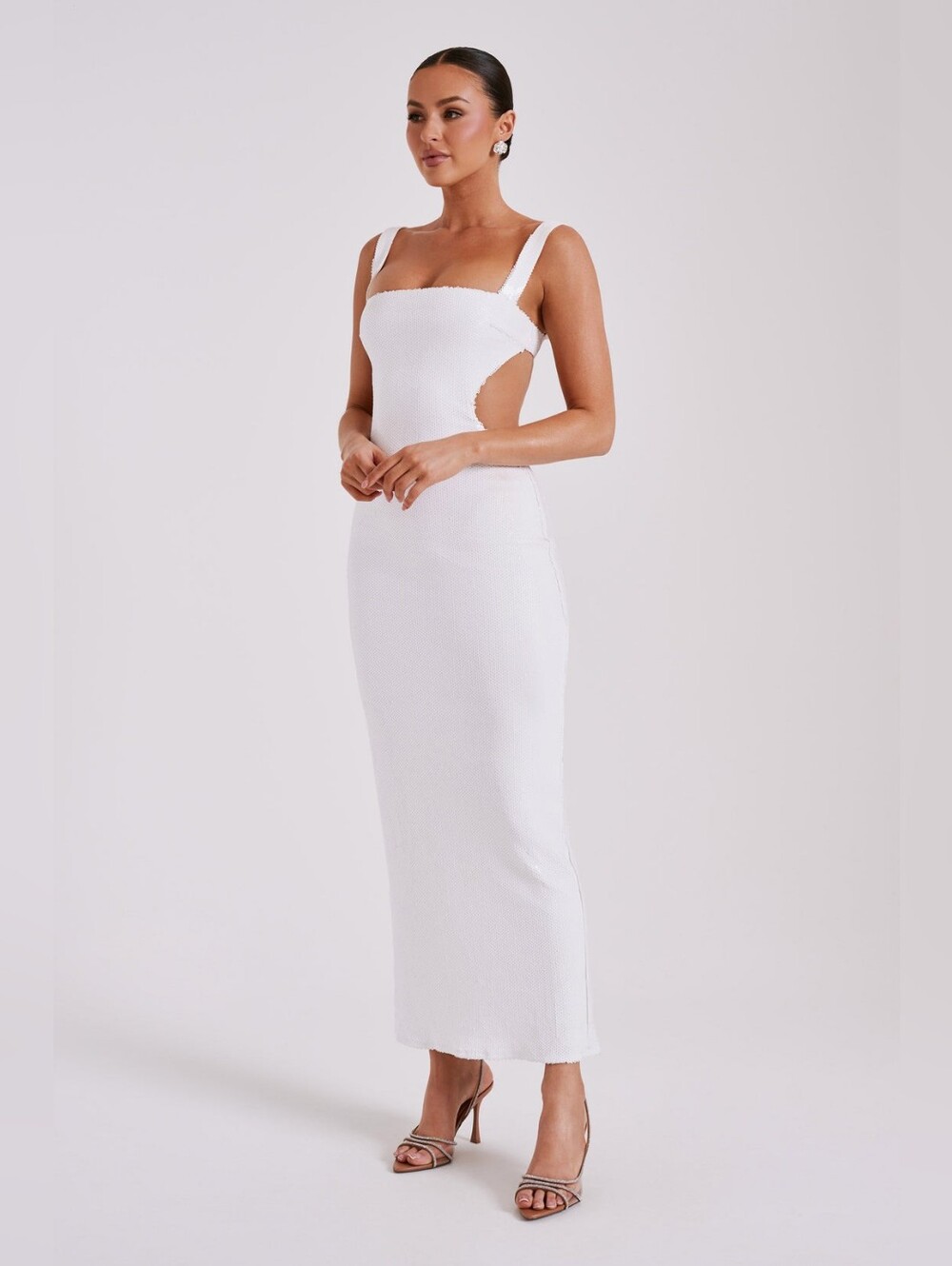 MESHKI Adoria Sequin Cut Out Maxi Dress in White Sz Large NWT